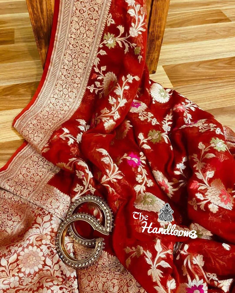Khaddi Georgette Handloom Banarasi Saree - All over Jaal Work with meenakari - The Handlooms