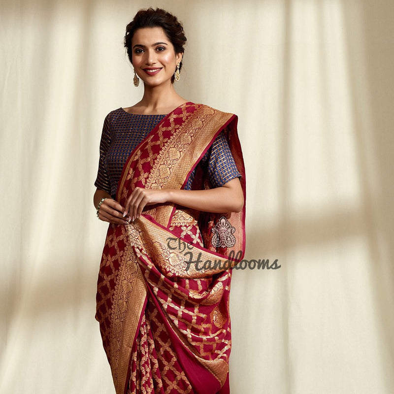 Khaddi Georgette Handloom Banarasi Saree - Gold Zari - The Handlooms