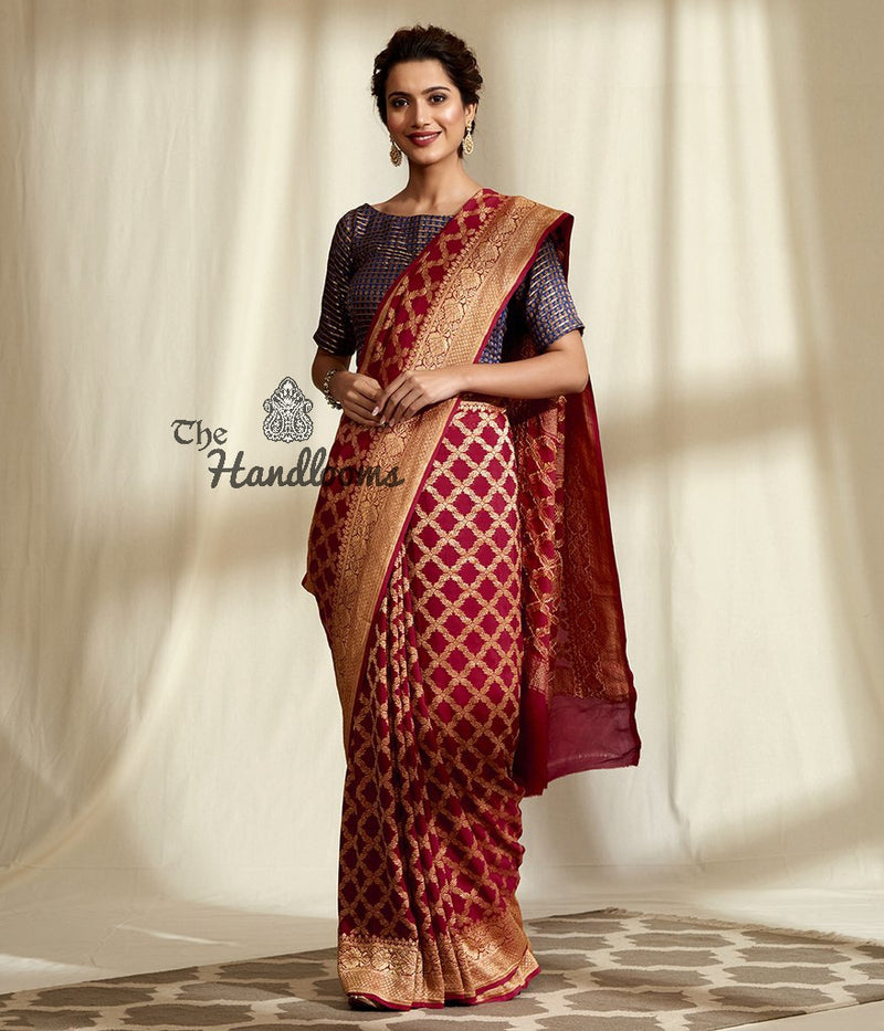 Khaddi Georgette Handloom Banarasi Saree - Gold Zari - The Handlooms