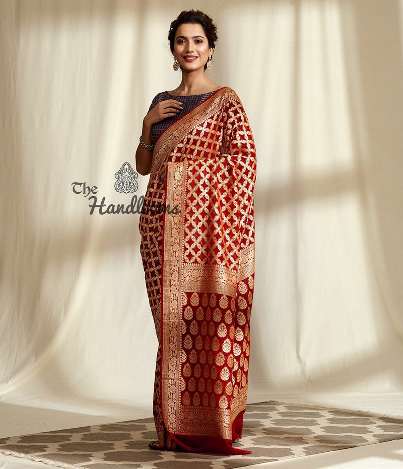 Khaddi Georgette Handloom Banarasi Saree - Gold Zari - The Handlooms