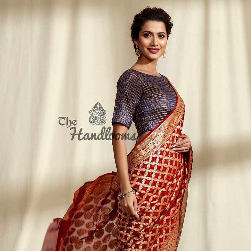 Khaddi Georgette Handloom Banarasi Saree - Gold Zari - The Handlooms