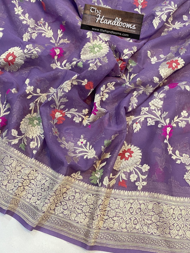Purple Khaddi Georgette Handloom Banarasi Saree - All over Jaal Work with meenakari - The Handlooms