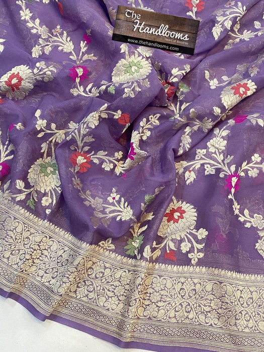 Purple Khaddi Georgette Handloom Banarasi Saree - All over Jaal Work with meenakari