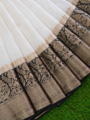 Pure linen Banarasi Saree-White with Black - The Handlooms