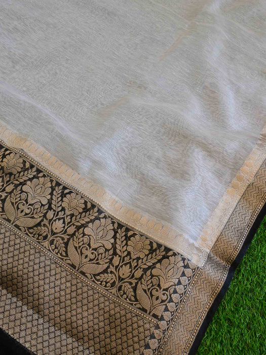 Pure linen Banarasi Saree-White with Black - The Handlooms