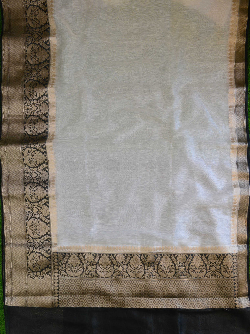 Pure linen Banarasi Saree-White with Black - The Handlooms