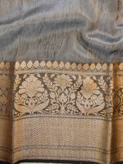 Pure linen Banarasi Saree-White with Black - The Handlooms