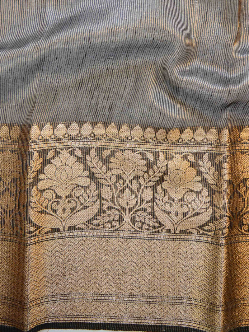 Pure linen Banarasi Saree-White with Black - The Handlooms