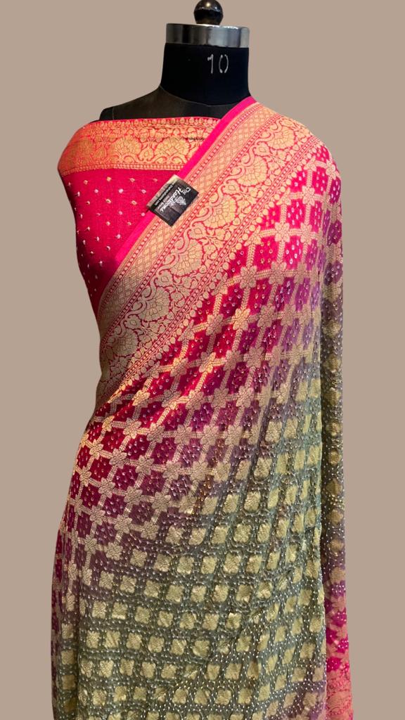 Pure Georgette Banarasi Bandhej Handloom Saree - The Handlooms