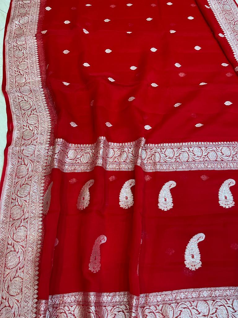 Red Pure Georgette Handloom Banarasi Saree - The Handlooms