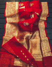 Red Pure Kora Handloom Banarasi Saree - Sona Roopa Alfi Kadua Boota - The Handlooms