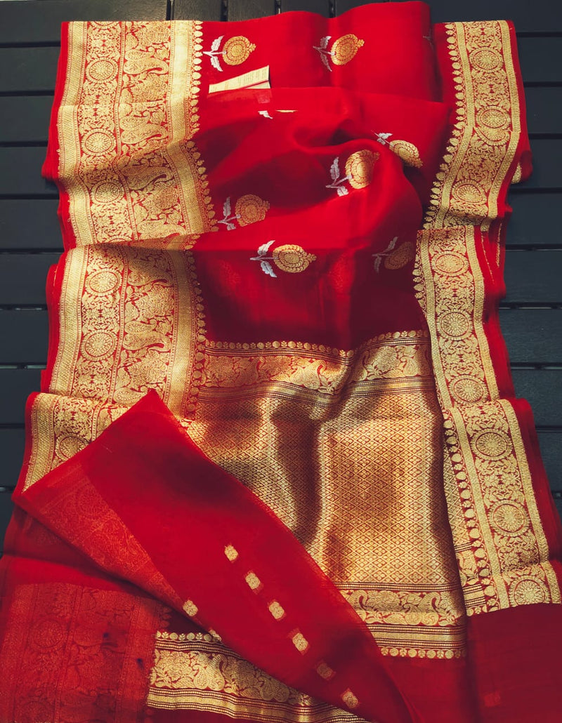 Red Pure Kora Handloom Banarasi Saree - Sona Roopa Alfi Kadua Boota - The Handlooms