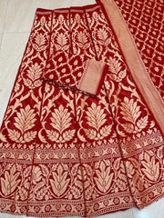 Red Pure Khaddi Georgette Handloom Banarasi Lehenga - Stitched - The Handlooms