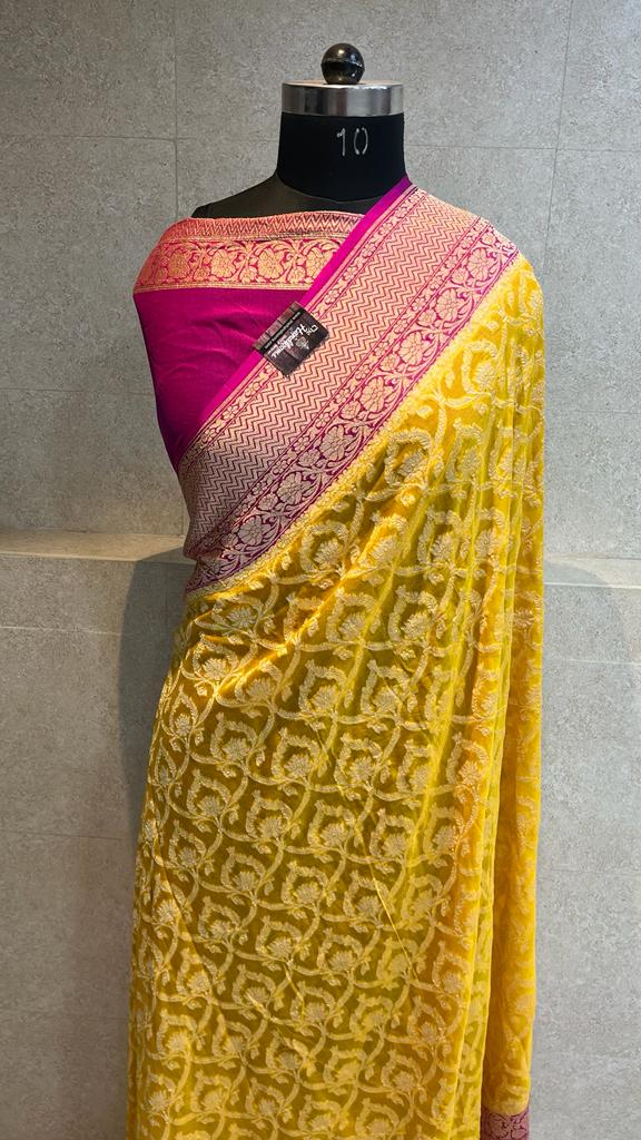 Khaddi Georgette Handloom Banarasi Saree - Gold Zari - The Handlooms