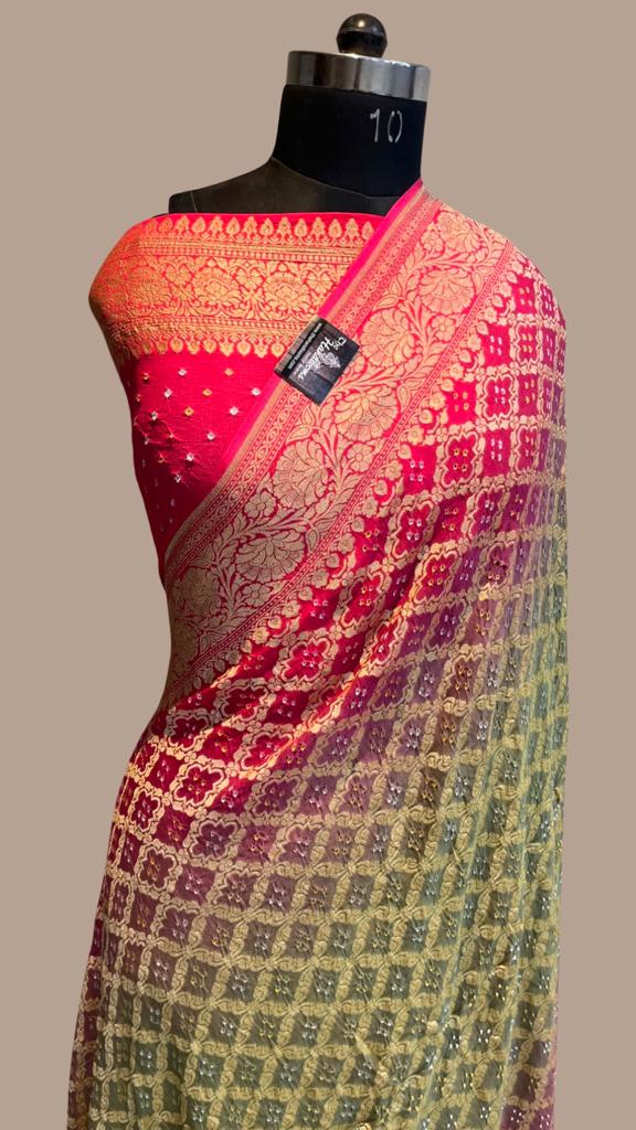 Dual Shade Pure Georgette Banarasi Bandhej Handloom Saree - The Handlooms