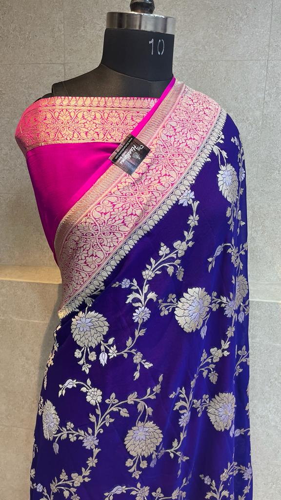 Khaddi Georgette Handloom Banarasi Saree - All over sona roopa Jaal Work - The Handlooms