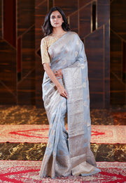 Ash Grey Pure Linen Banarasi Saree - The Handlooms
