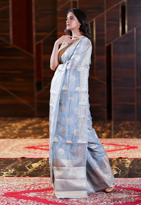 Ash Grey Pure Linen Banarasi Saree - The Handlooms
