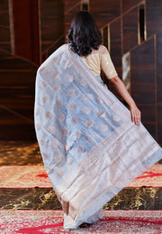 Ash Grey Pure Linen Banarasi Saree - The Handlooms
