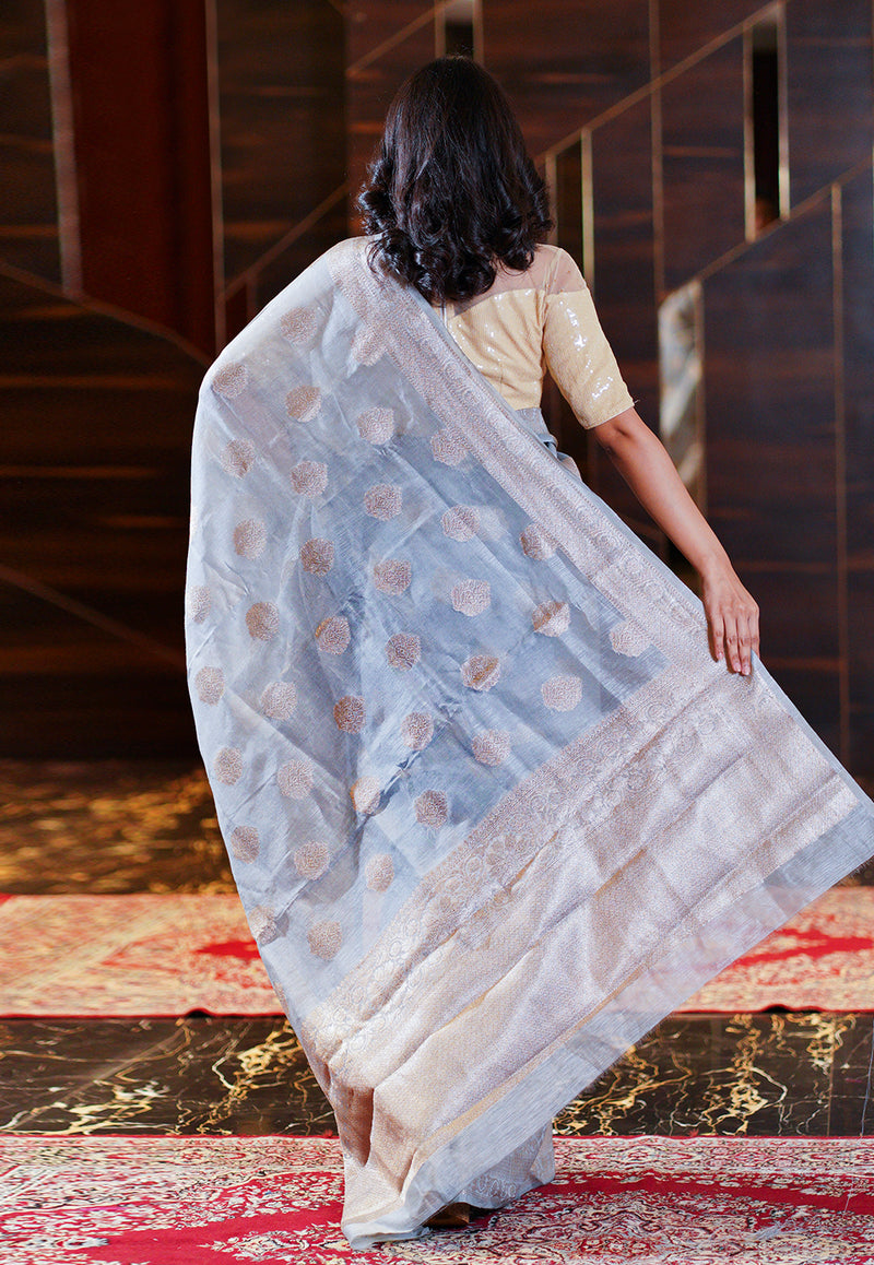 Ash Grey Pure Linen Banarasi Saree - The Handlooms