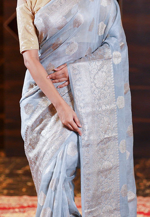 Ash Grey Pure Linen Banarasi Saree - The Handlooms