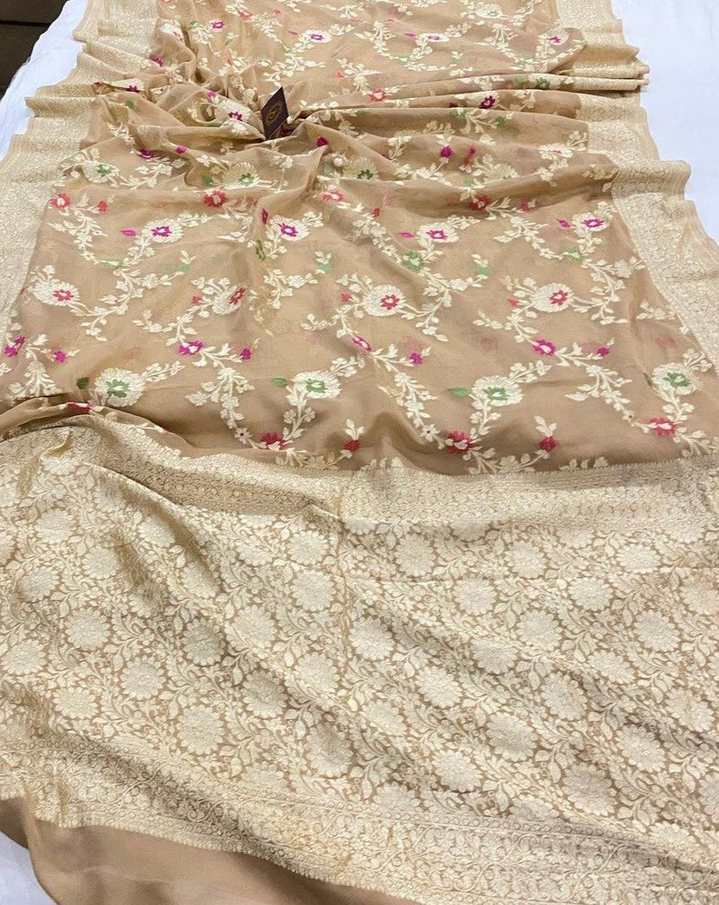Khaddi Georgette Handloom Banarasi Saree - All over Jaal Work with meenakari - The Handlooms