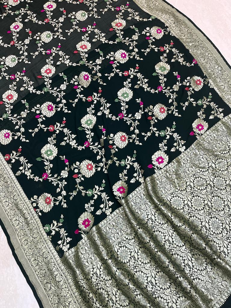 Khaddi Georgette Handloom Banarasi Saree - All over Jaal Work with meenakari - The Handlooms