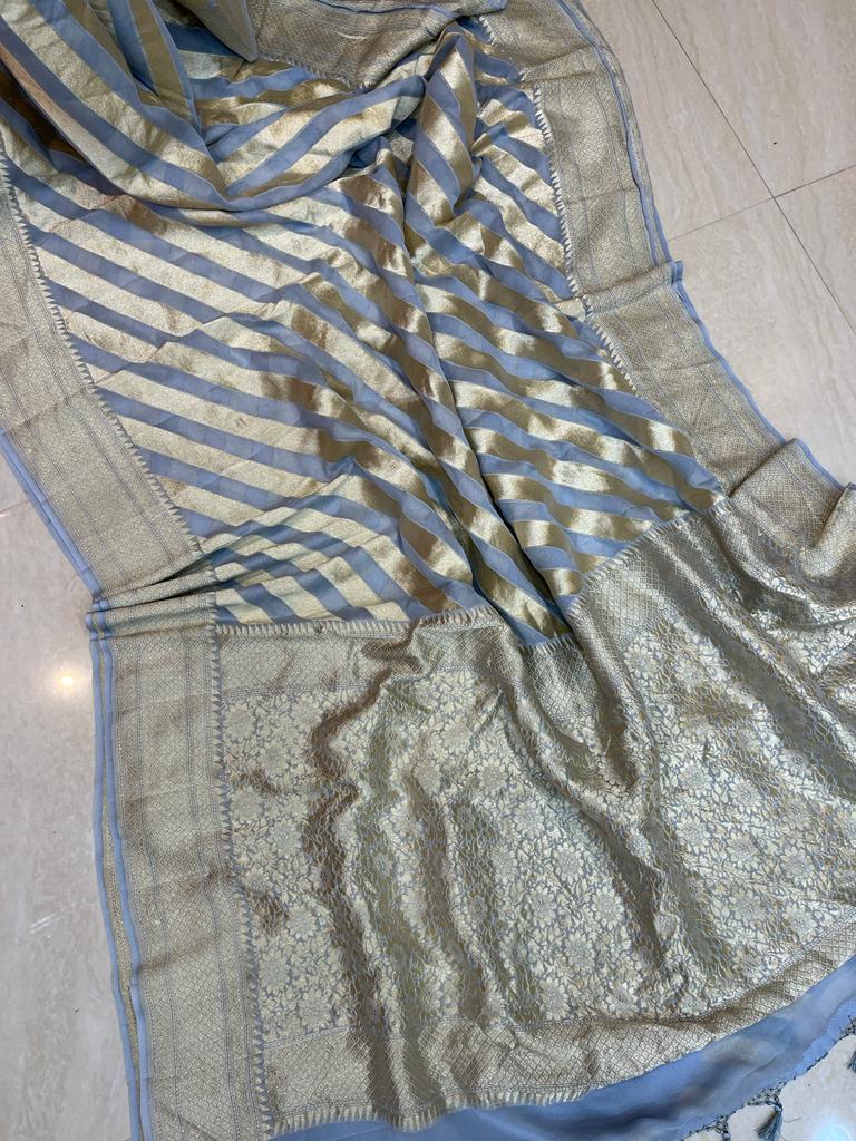 Grey Khaddi Georgette Handloom Banarasi Saree - The Handlooms