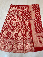 Red Pure Khaddi Georgette Handloom Banarasi Lehenga - Stitched - The Handlooms
