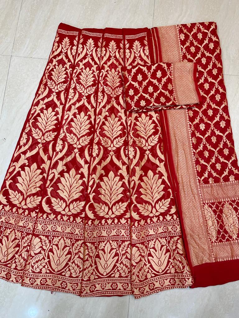 Red Pure Khaddi Georgette Handloom Banarasi Lehenga - Stitched - The Handlooms