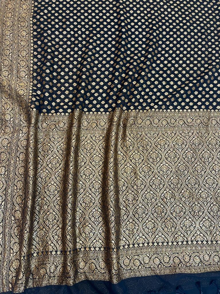 Black Khaddi Georgette Banarasi Saree -  Antique zari - The Handlooms