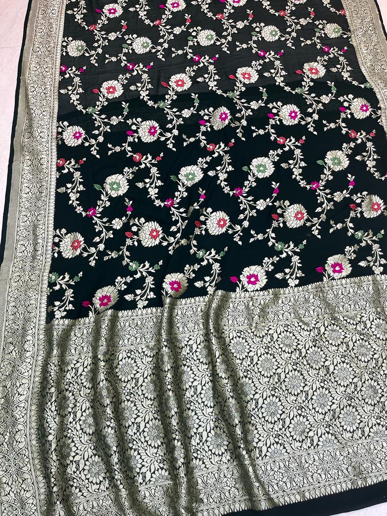 Khaddi Georgette Handloom Banarasi Saree - All over Jaal Work with meenakari - The Handlooms