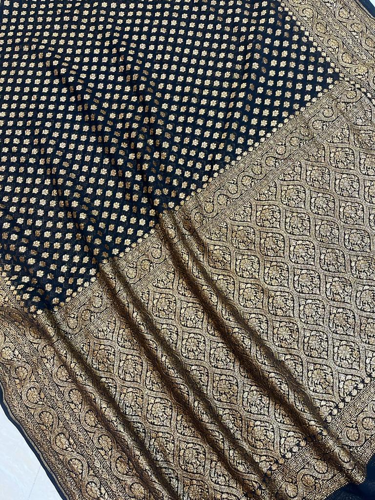 Black Khaddi Georgette Banarasi Saree -  Antique zari - The Handlooms