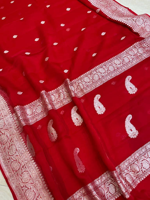 Red Pure Georgette Handloom Banarasi Saree - The Handlooms