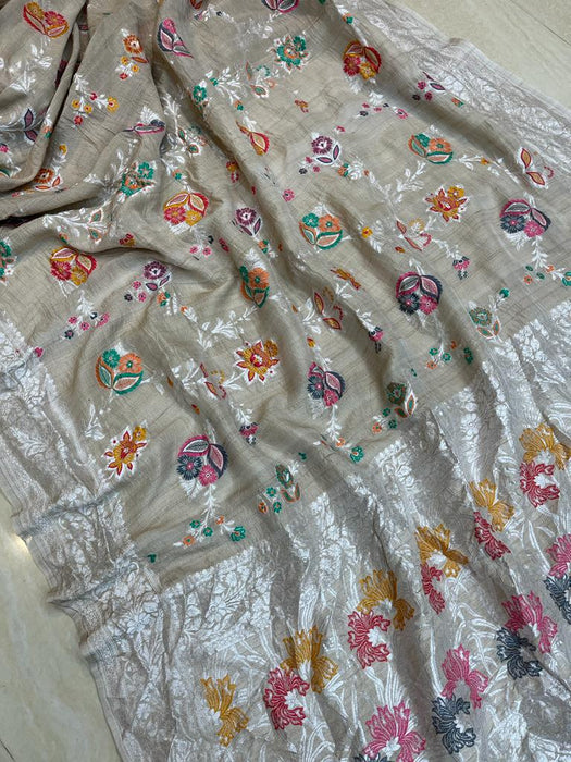 Tussar Georgette Handloom Banarasi Saree - All over Jaal Work with six color meenakari