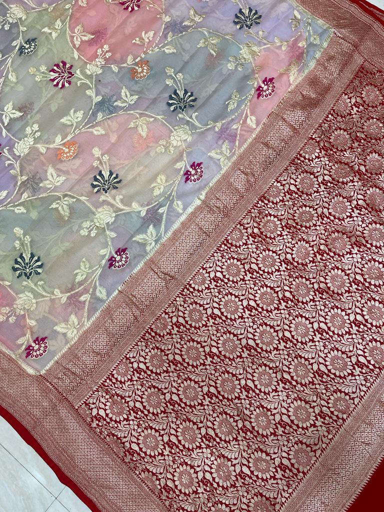 Khaddi Georgette Handloom Banarasi Saree - All over Jaal Work with meenakari - The Handlooms