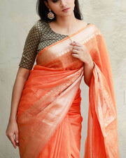 Pure linen Banarasi Peach Saree - The Handlooms