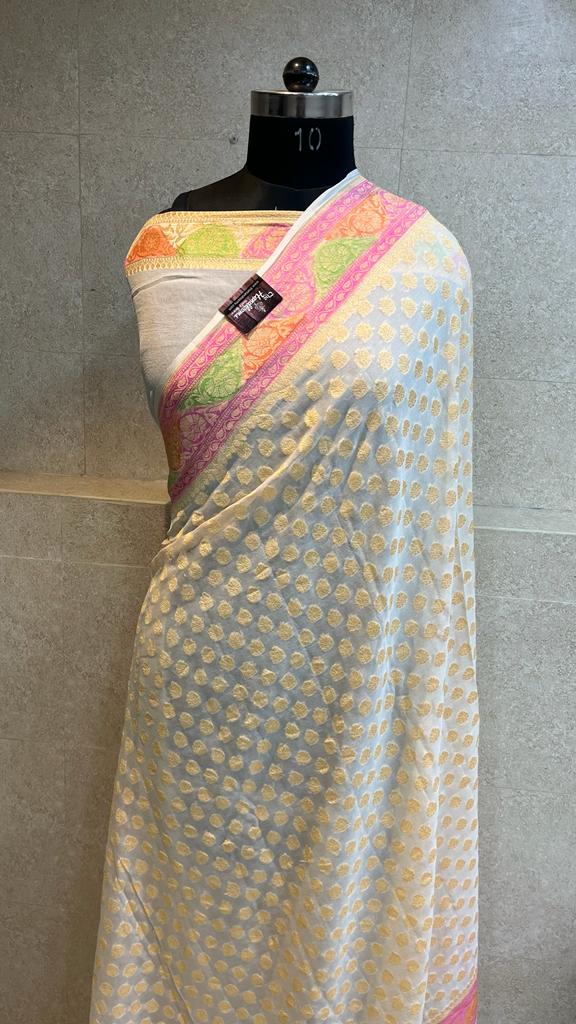 Khaddi Georgette Handloom Banarasi Saree - Gold Zari - The Handlooms