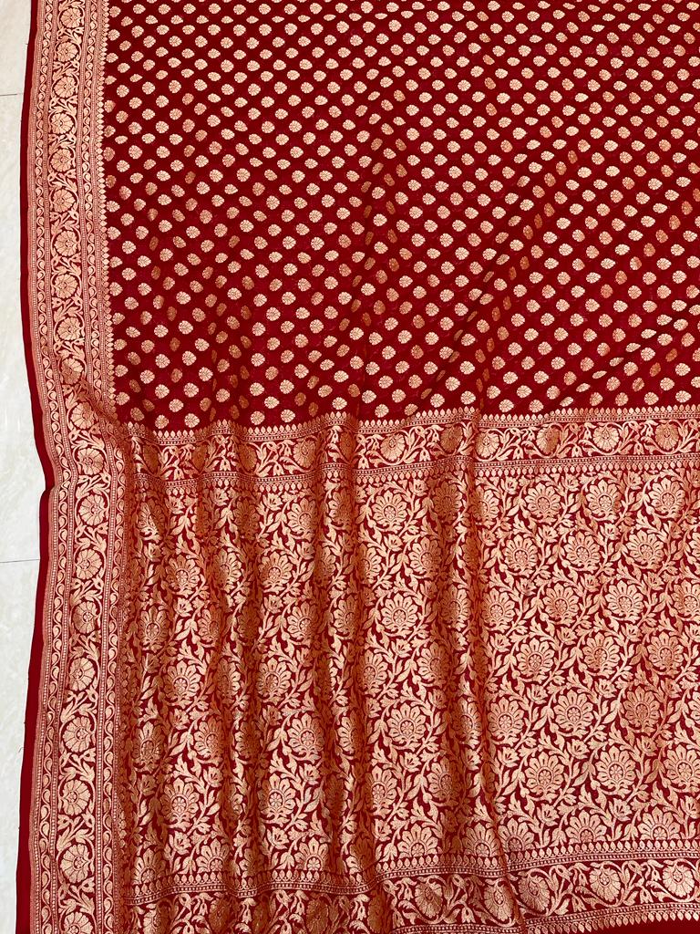 Red Khaddi Georgette Banarasi Saree -  Gold zari - The Handlooms