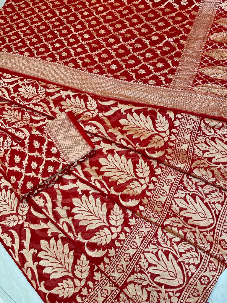 Red Pure Khaddi Georgette Handloom Banarasi Lehenga - Stitched - The Handlooms