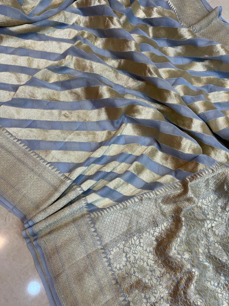Grey Khaddi Georgette Handloom Banarasi Saree - The Handlooms