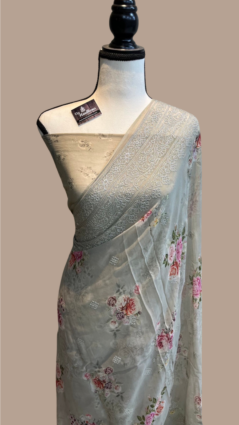 Pure Georgette  Digital Print with Chikankari Handloom Banarasi Saree - The Handlooms