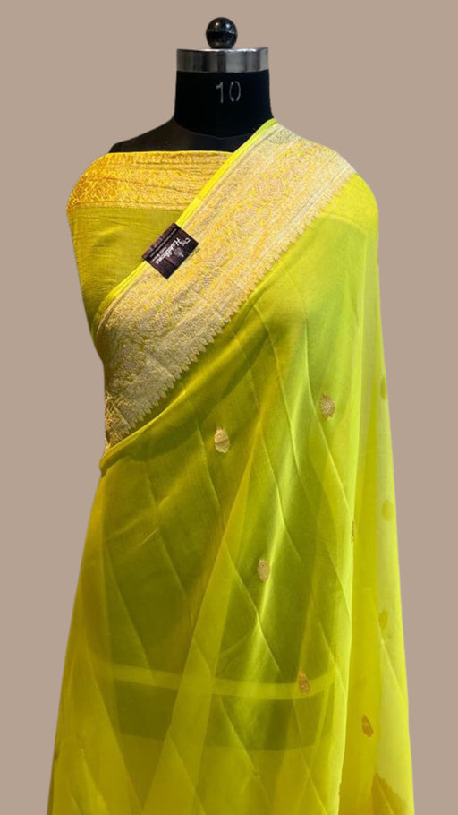 Yellow Pure Georgette Banarasi Saree - Gold zari - The Handlooms
