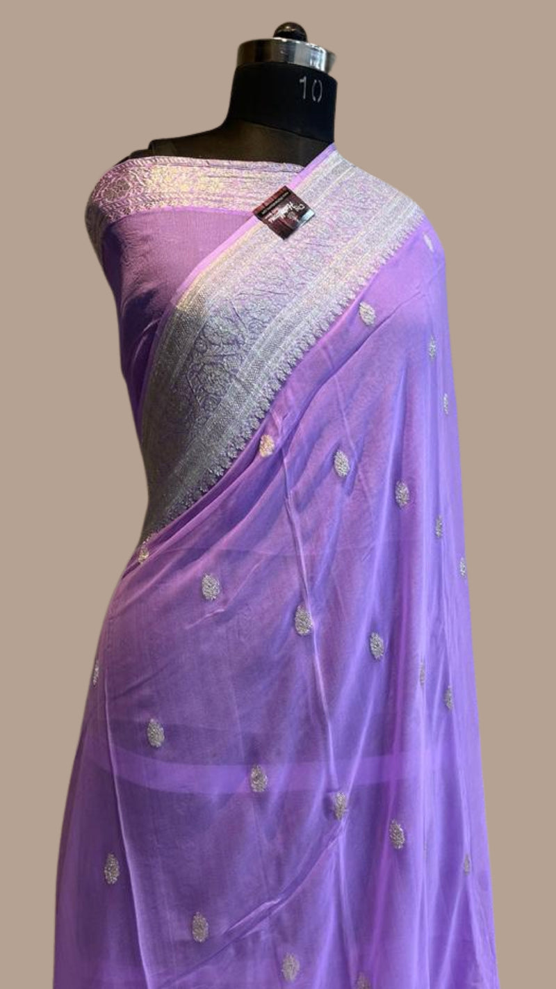 Lavender Pure Georgette Handloom Banarasi Saree - The Handlooms