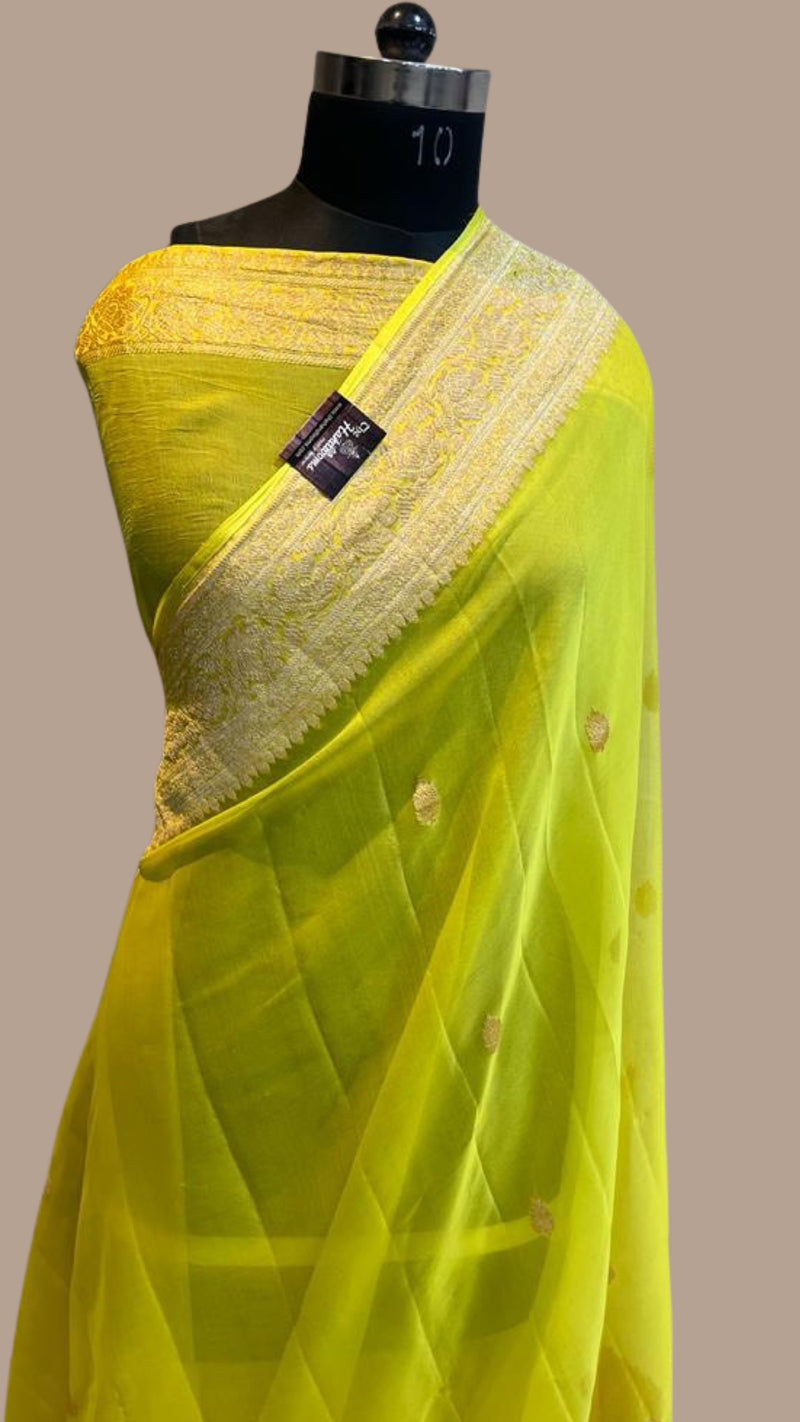 Yellow Pure Georgette Banarasi Saree - Gold zari - The Handlooms