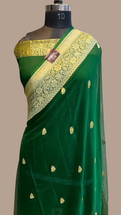 Green Pure Georgette Banarasi Saree - Gold zari