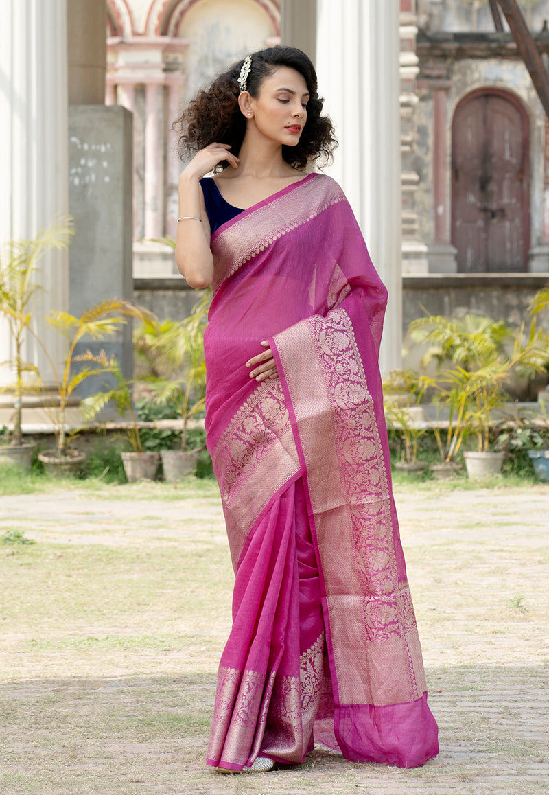 Magenta Pure linen Banarasi Saree - The Handlooms