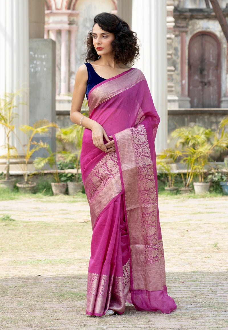 Magenta Pure linen Banarasi Saree - The Handlooms
