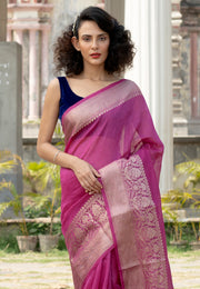 Magenta Pure linen Banarasi Saree - The Handlooms