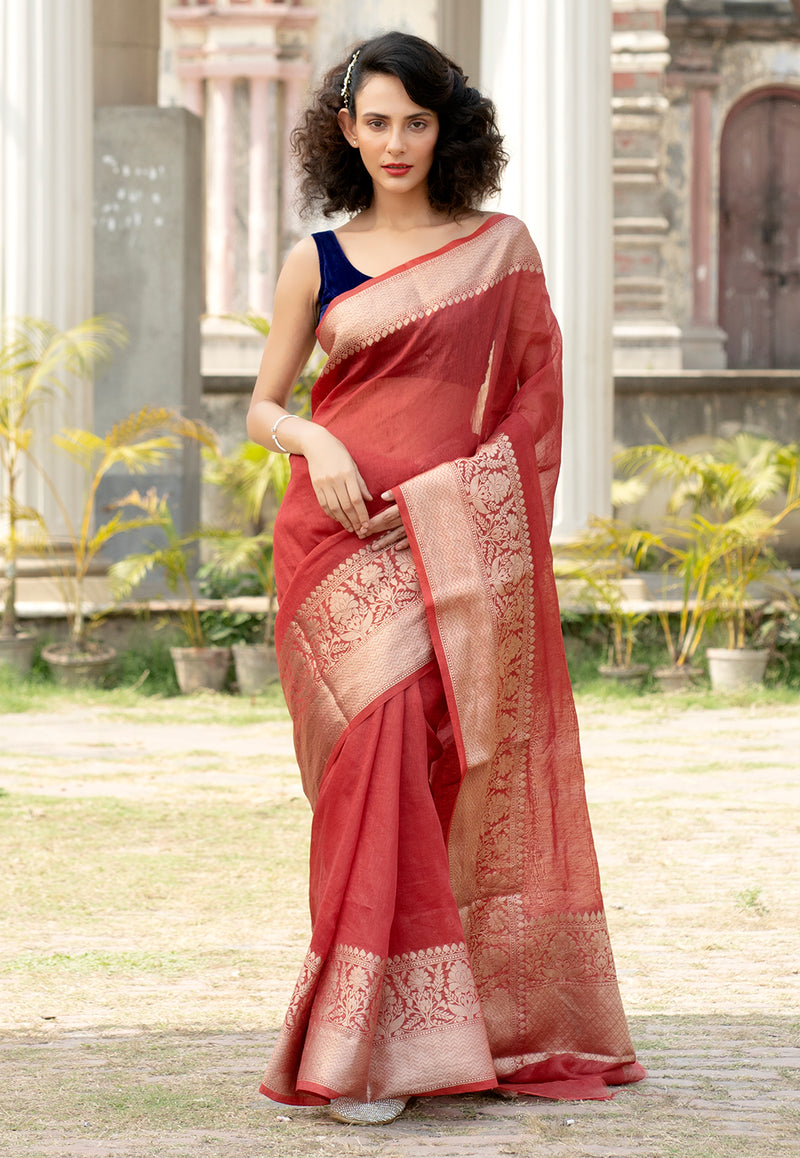 Maroon Pure linen Banarasi Saree - The Handlooms